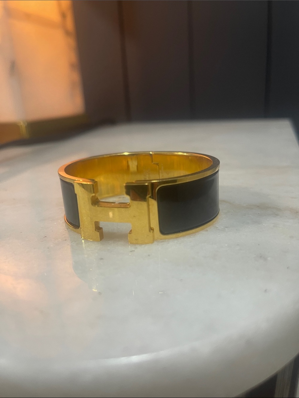 Hermes Black and Gold H Enamel Cuff